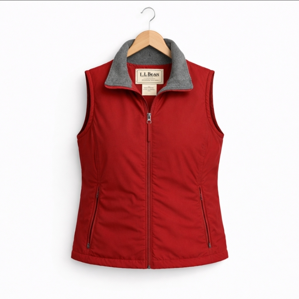 LL Bean Red Brick Red Fleece Lined Vest Side Slash Pockets Full Zip Sz XL